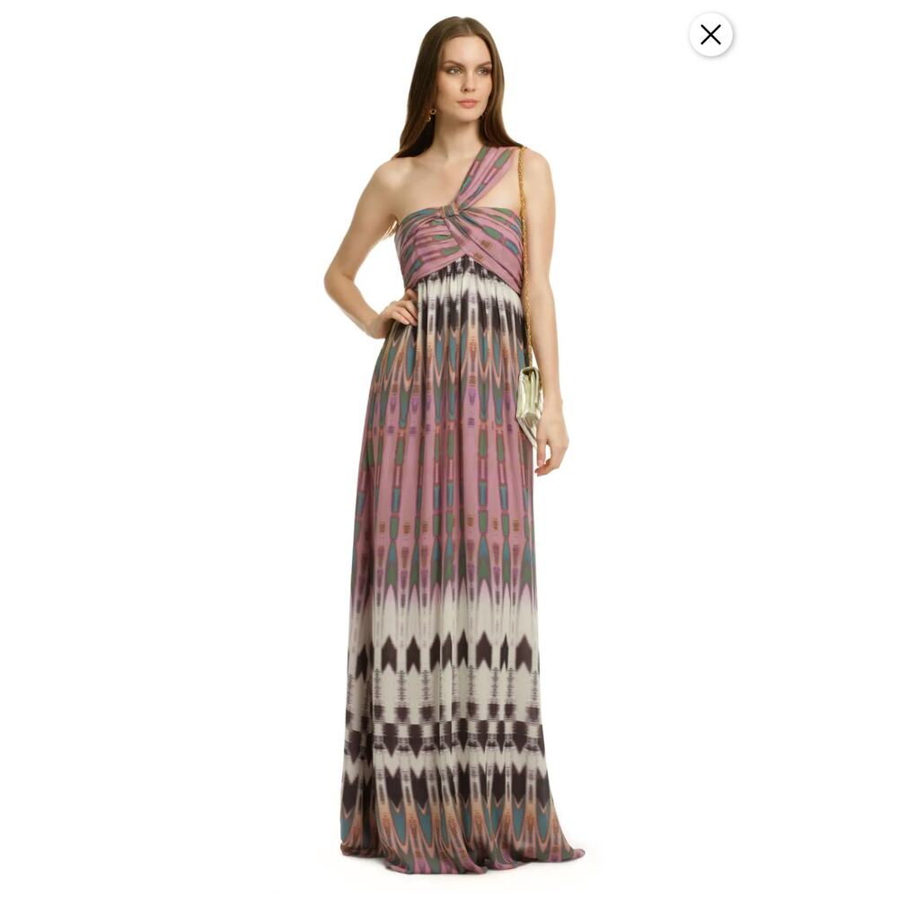 NWT Nicole Miller Gold Label Silk One Shoulder Strapless Boho Maxi Dress Size 10